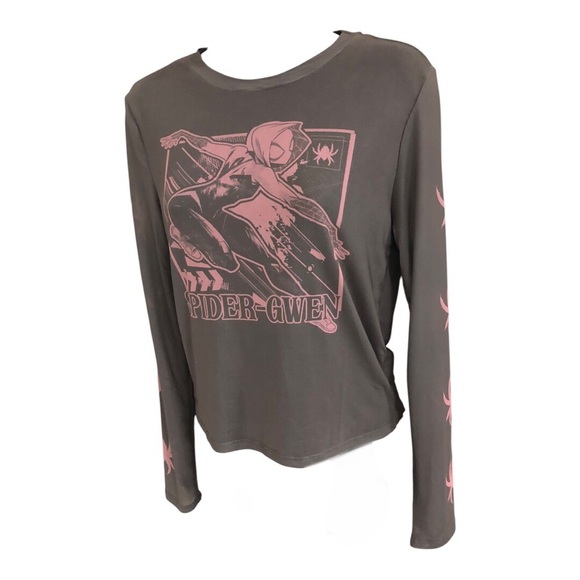Marvel’s Spiderman Gwen olive green brown pink graphic print sheer mesh top sz L - Picture 16 of 16
